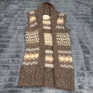 Kenji Brown Fair Isle Alpaca Wool Blend Open Front Longline Sweater Vest Small